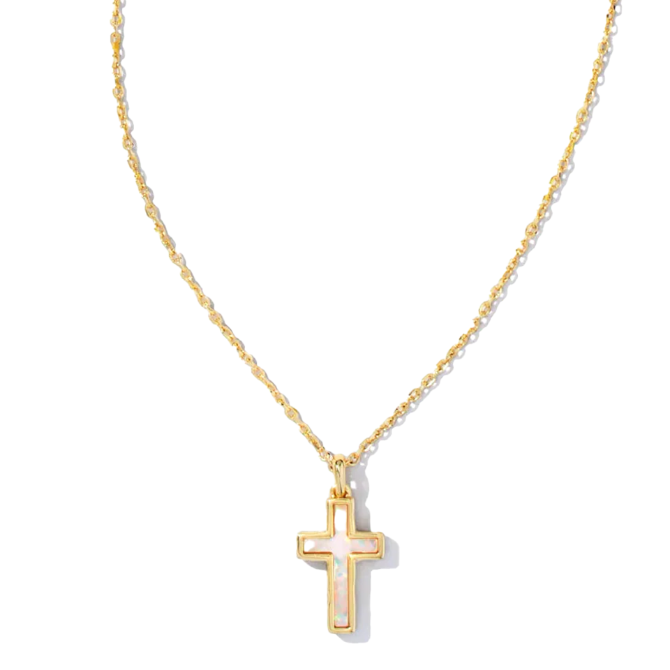 Kendra Scott Cross Pendant Necklace in Gold - White Kyocera Opal